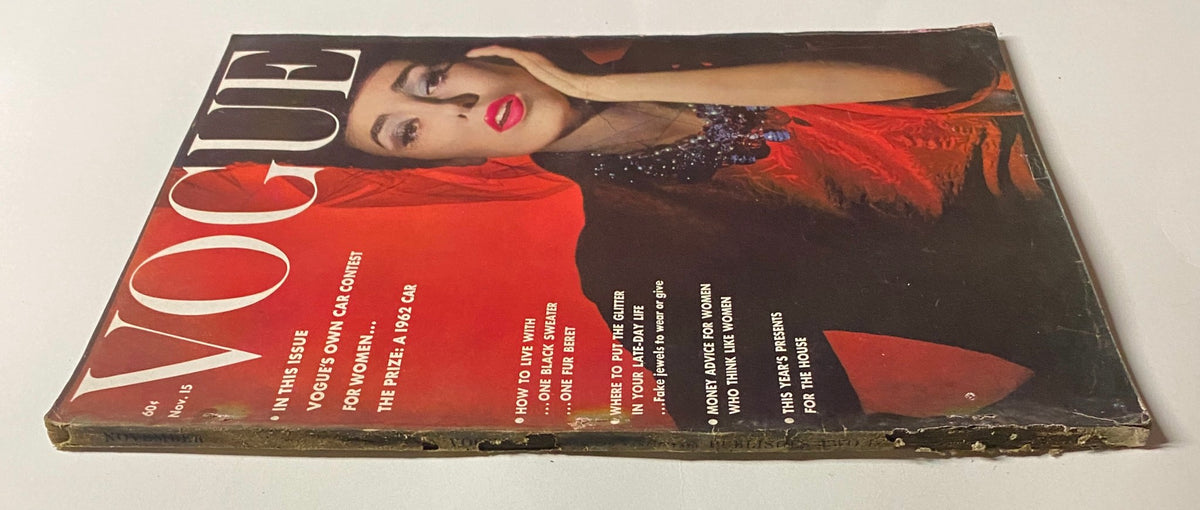 Vogue Magazine cover from November 15, 1961, showcasing Sondra Peterson with elegant styling, including features on women and a 1962 car.