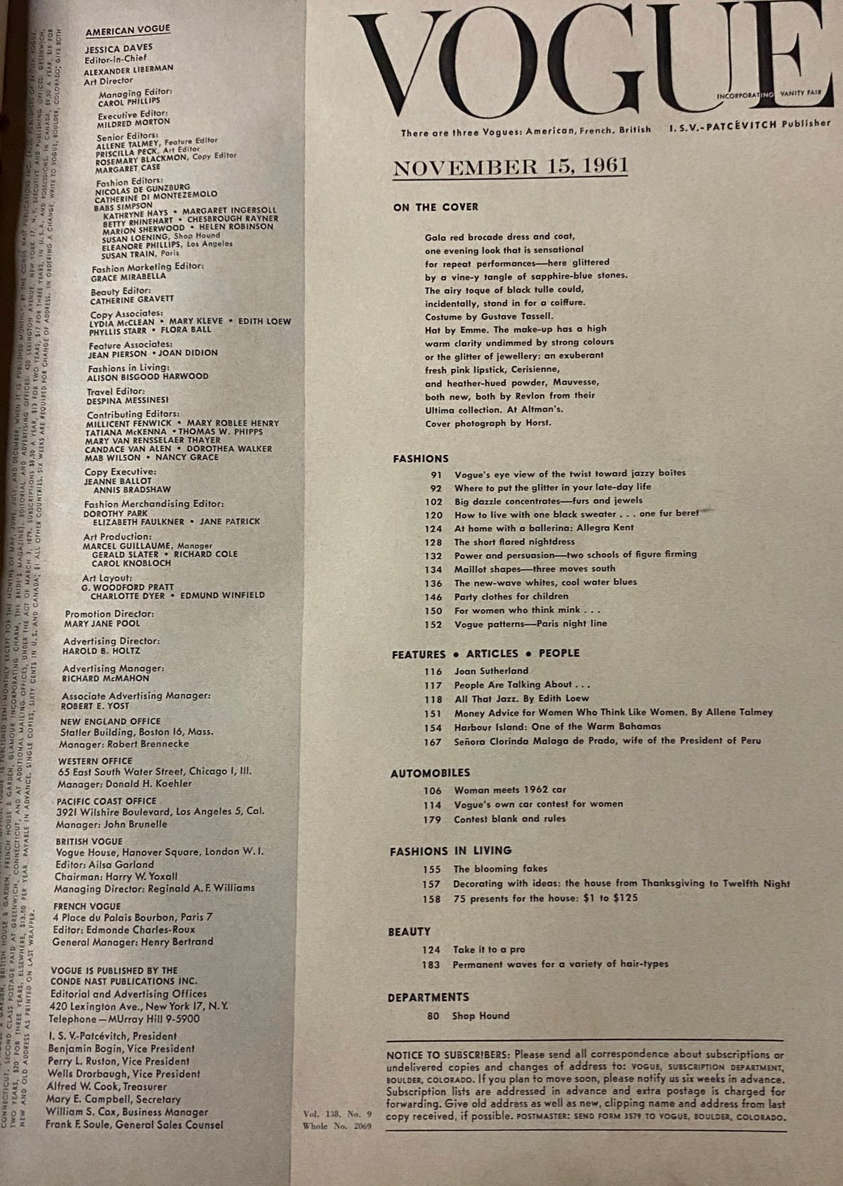 Table of contents for Vogue Magazine, November 15, 1961, featuring Sondra Peterson's cover, displaying articles and features in this iconic issue.