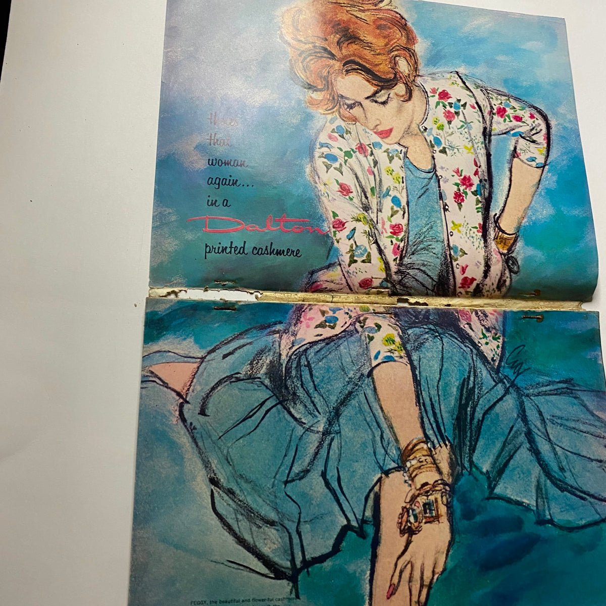 Artistic illustration from Vogue Magazine, November 15, 1961, showing a model in Dalton printed cashmere, reflecting the fashion of the era.