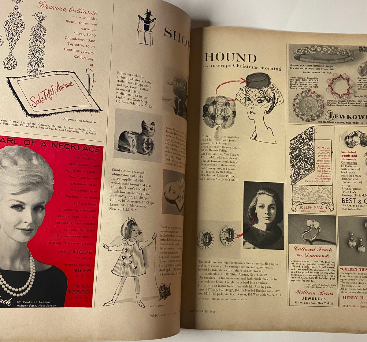 Vintage advertisements and editorial features from Vogue Magazine November 15, 1961, displaying jewelry and fashion illustrations, indicative of early 1960s style.