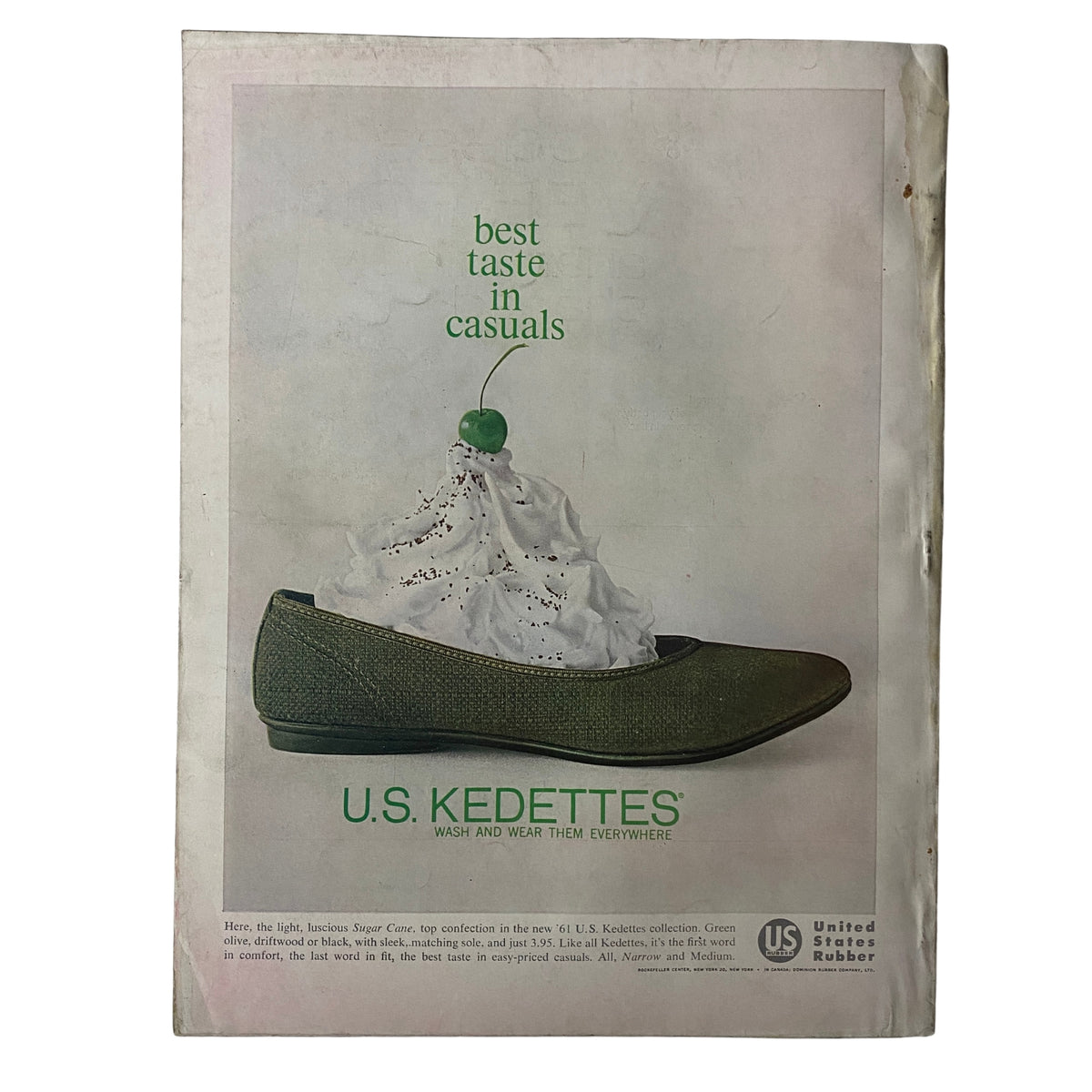 Back cover advertisement of U.S. Kedettes showcasing a unique shoe display with playful imagery in Vogue Magazine March 1, 1961 Isabella Albonico Cover by Irving Penn.