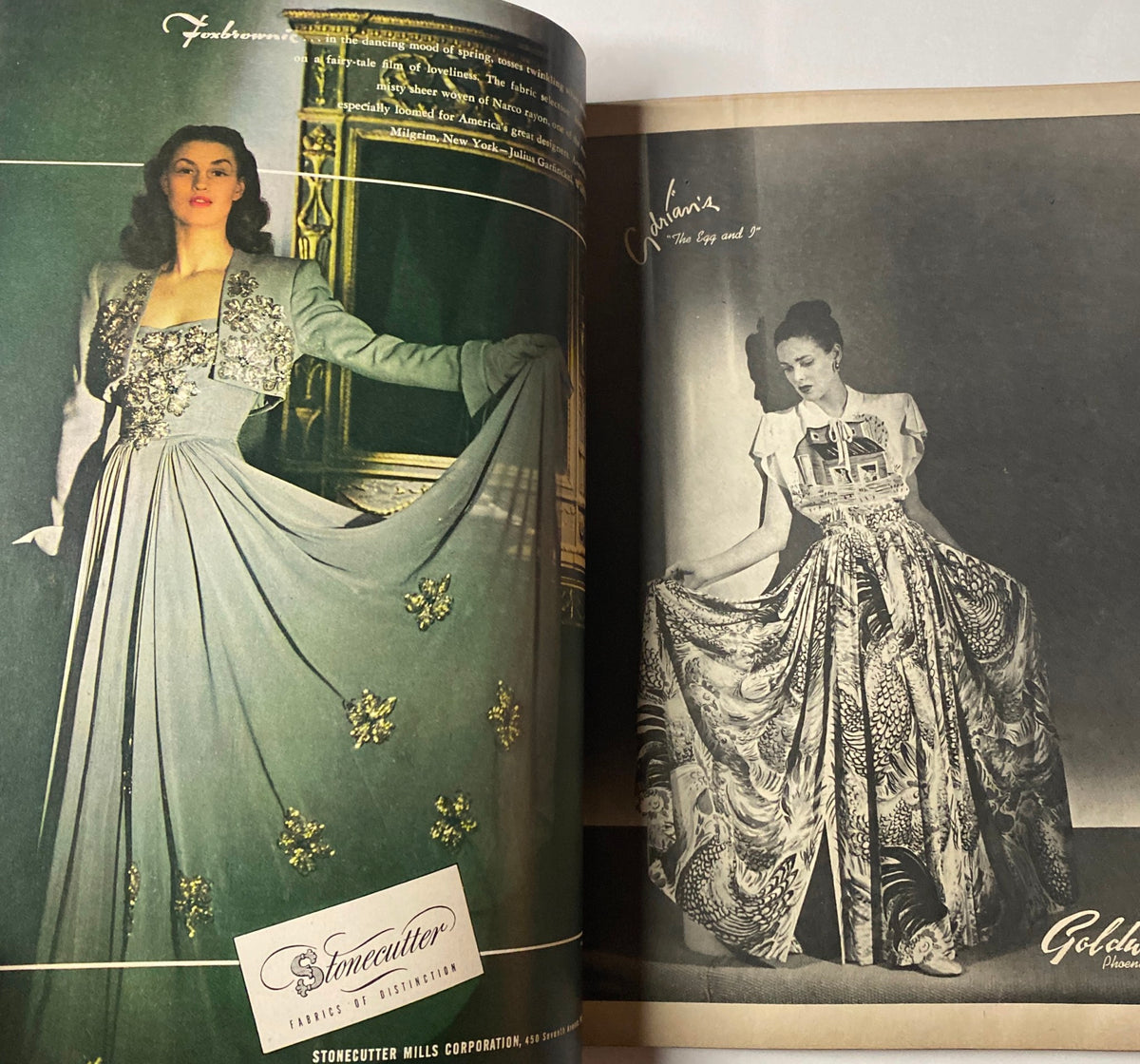 Fashion spread from Vogue Magazine April 1, 1947, displaying elegant dresses by Stonecutter Mills Corporation, illustrating post-war fashion trends.