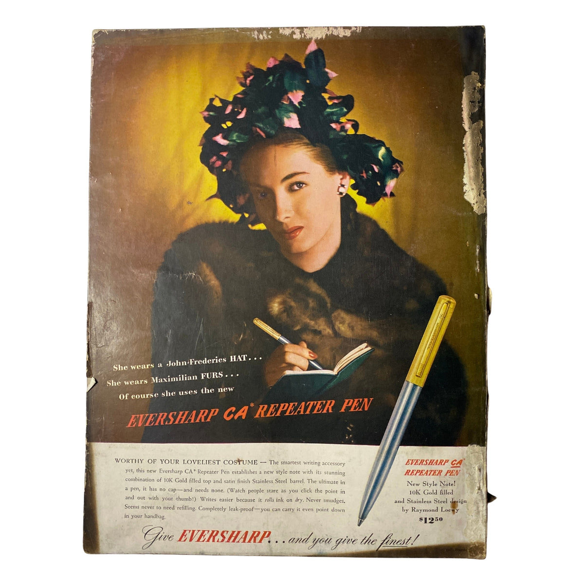 Back cover of Vogue Magazine April 1, 1947, featuring a glamorous woman surrounded by the tagline for Eversharp CA Repeater Pen, showcasing 1940s fashion trends and advertising.
