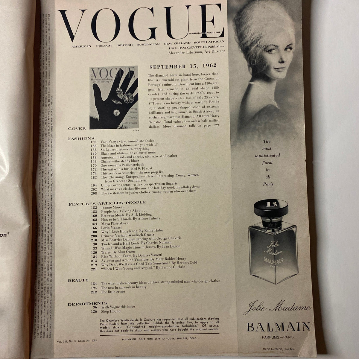 Table of contents page from Vogue Magazine September 15, 1962, detailing various articles and features, highlighting the blend of fashion and culture in this iconic vintage issue.