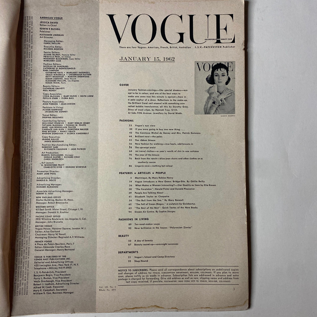 Interior page of Vogue Magazine January 15, 1962, displaying the table of contents, featuring articles and highlights from the issue with model Wilhelmina Cooper by Karen Radkai.
