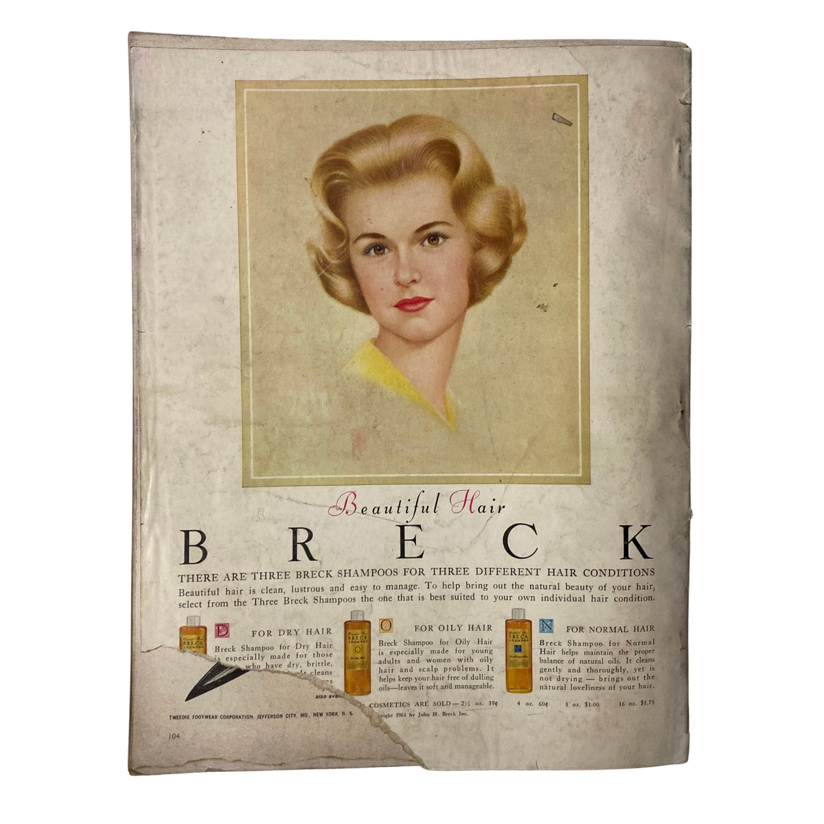 Back cover of Vogue Magazine January 15, 1962, featuring Breck Shampoo advertisement highlighting different conditions for beautiful hair.