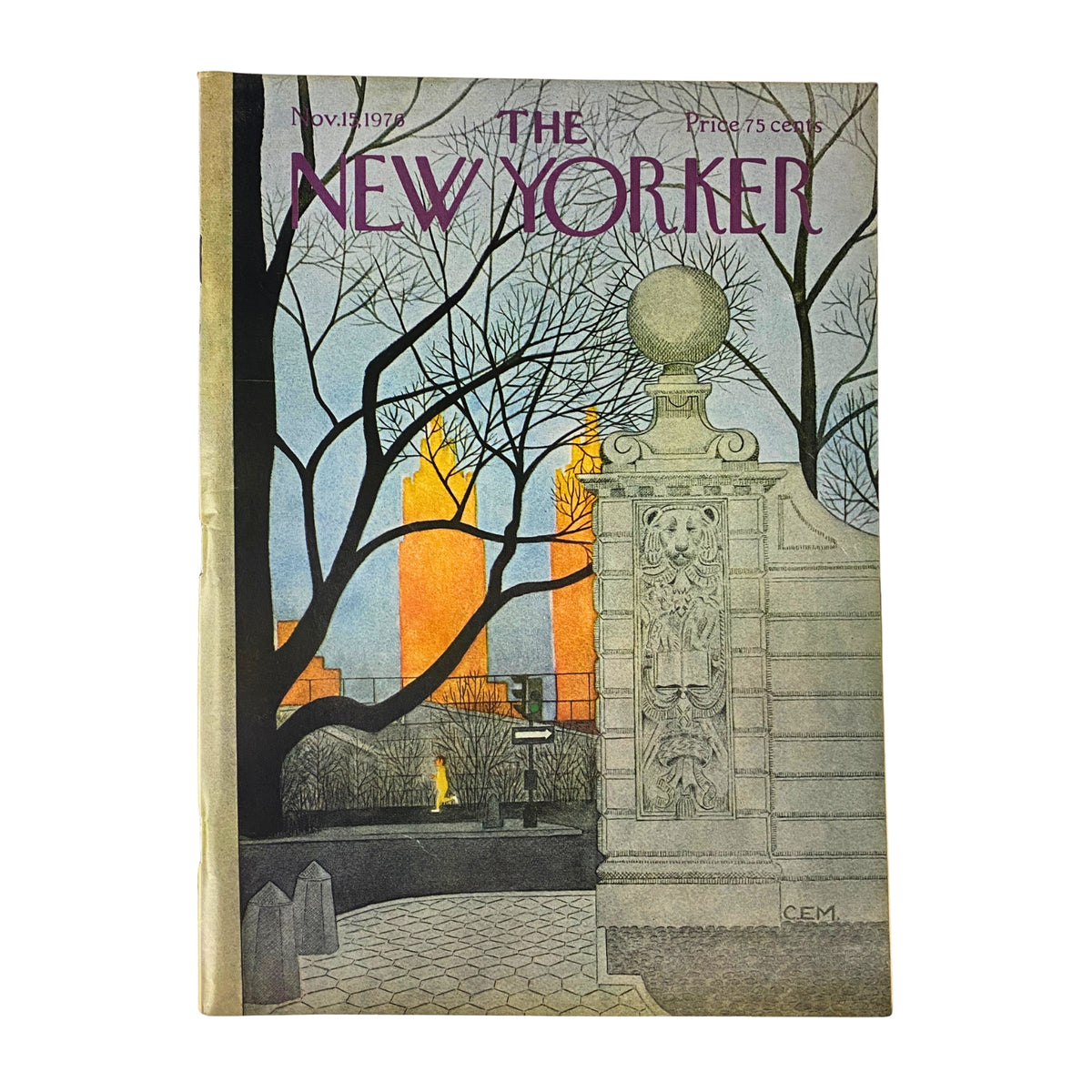 Cover of The New Yorker Full Magazine from November 15, 1976, featuring a serene urban landscape illustration by Charles E. Martin, showcasing autumn colors and architectural elements.