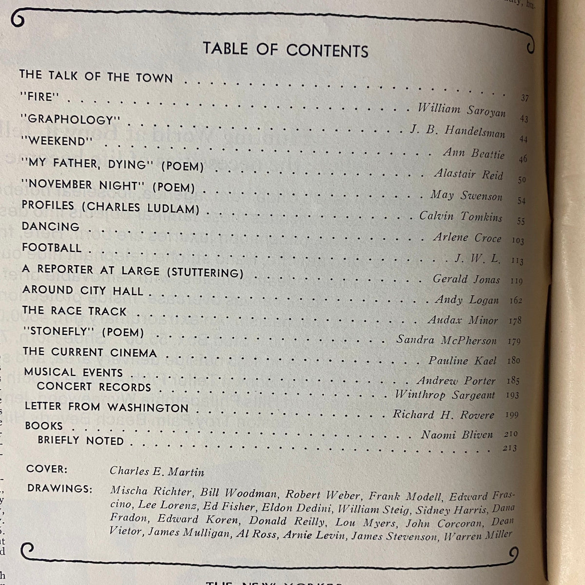 The New Yorker Full Magazine November 15, 1976 Charles E. Martin Cover - Table of Contents featuring contributions from William Saroyan, Ann Beattie, and more.