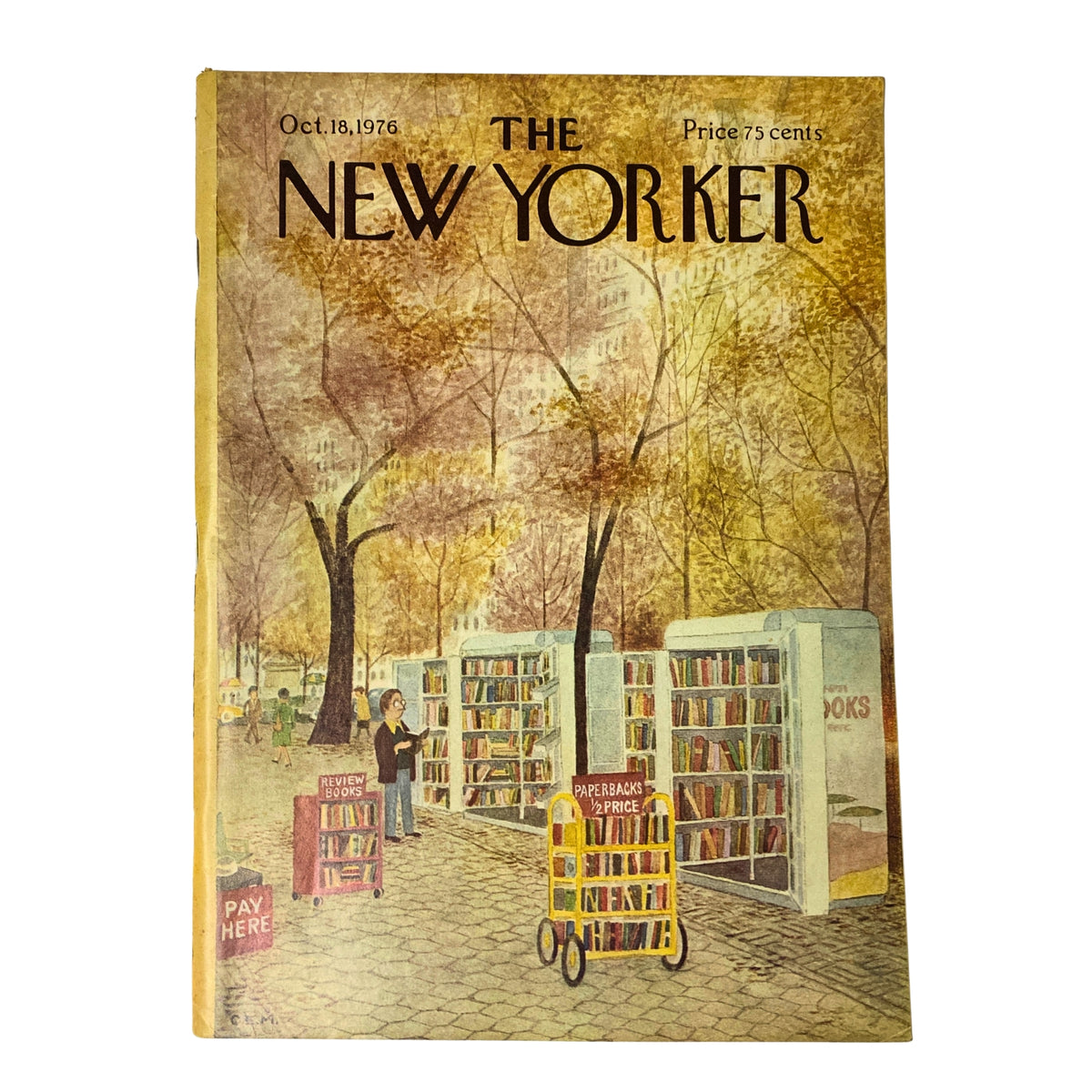 Cover of The New Yorker magazine from October 18, 1976 featuring the artwork by Charles E. Martin, depicting a serene scene with book carts in a park surrounded by autumn foliage.