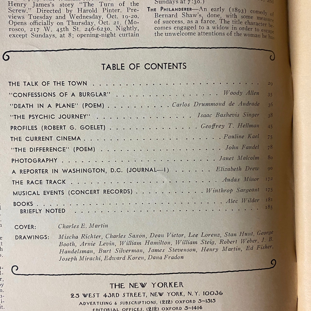 Table of contents page from The New Yorker magazine dated October 18, 1976, listing notable articles and contributors including Woody Allen and Isaac Bashevis Singer.