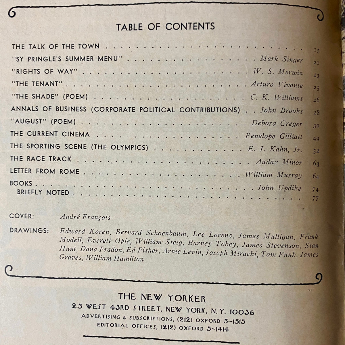 Table of Contents page from The New Yorker Full Magazine August 9, 1976, listing featured articles and contributors, emphasizing the magazine's literary depth.