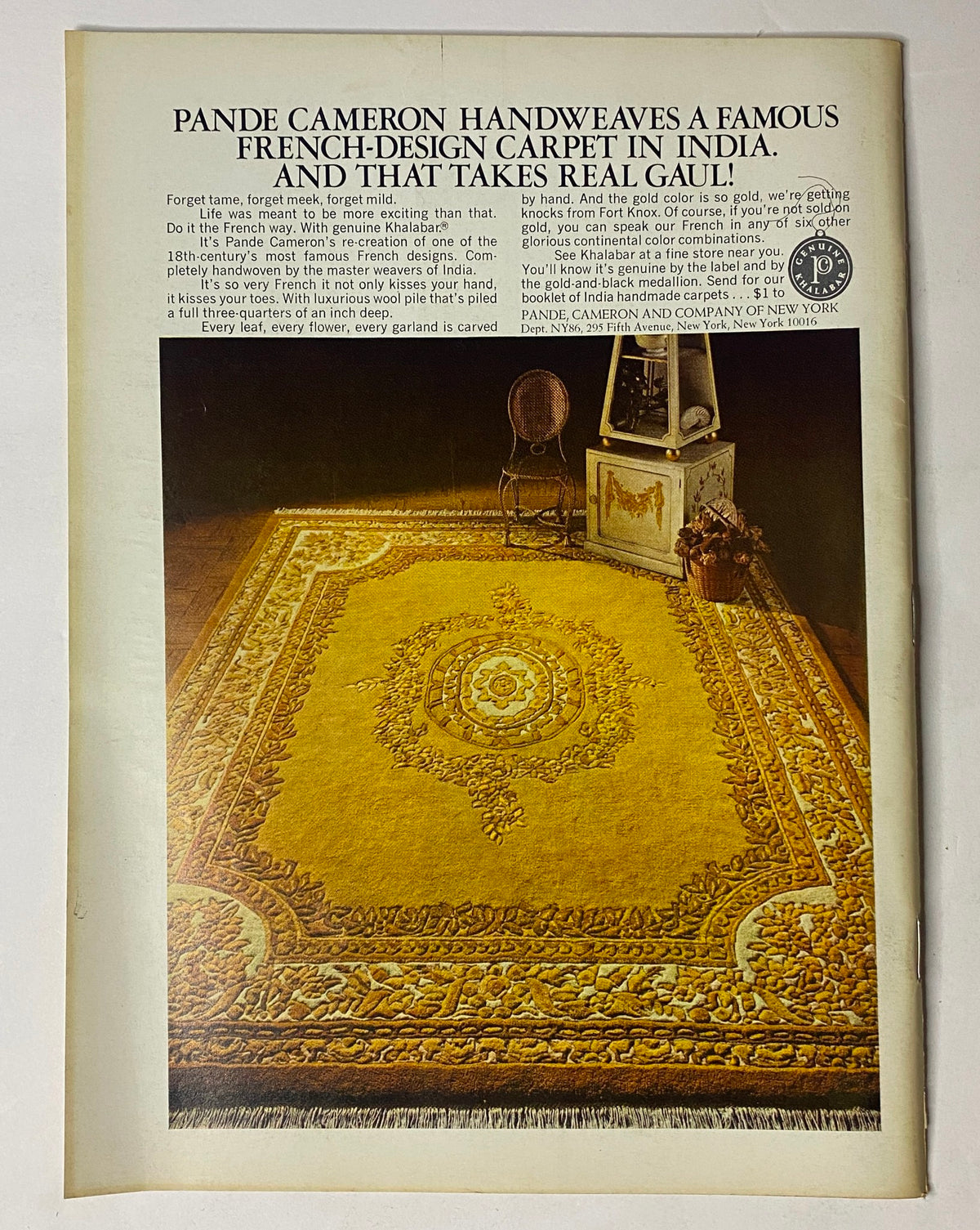 Advertisement from The New Yorker Full Magazine August 9, 1976, promoting Pande Cameron handwoven carpets, showcasing vintage advertising style.