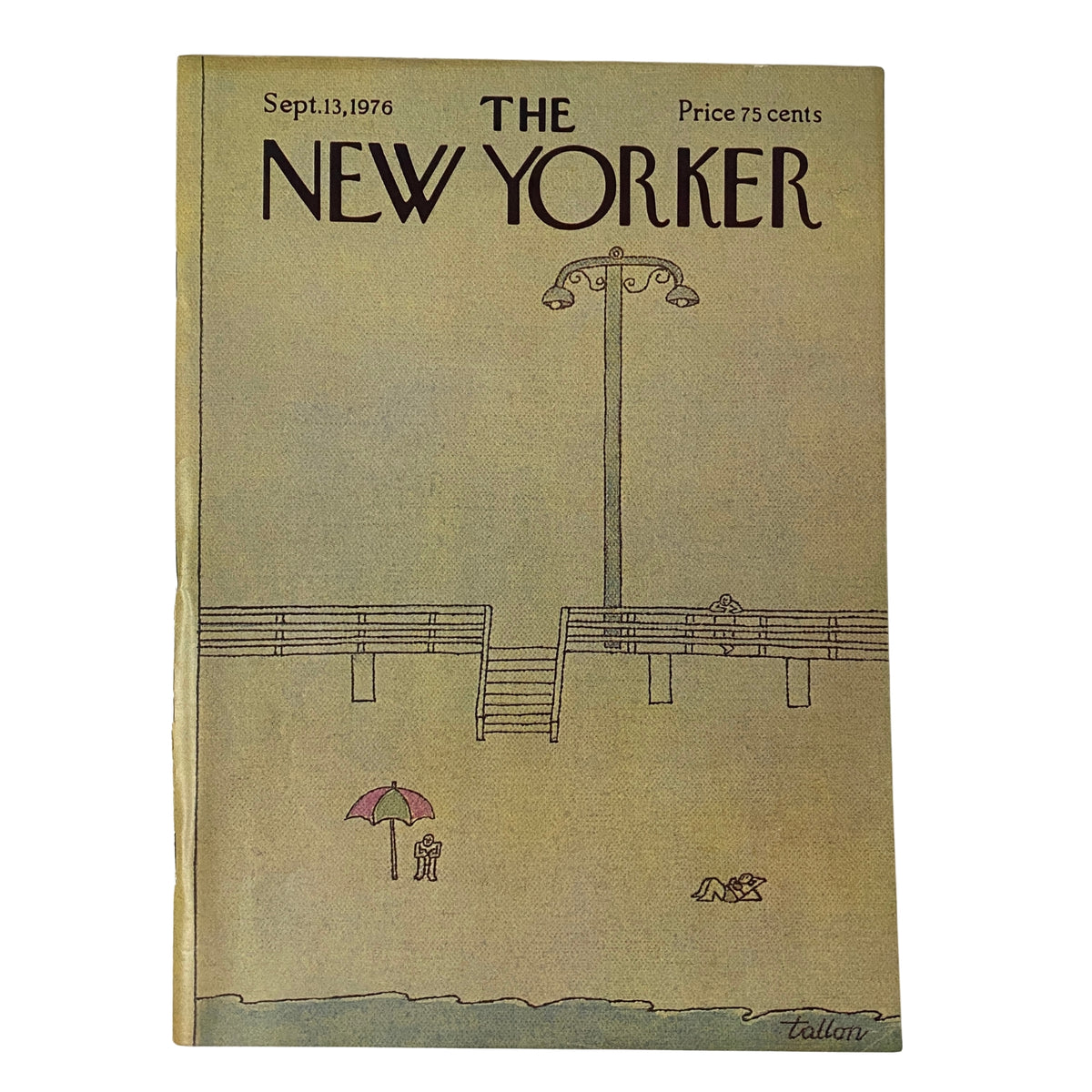 The New Yorker Full Magazine September 13, 1976 Robert Tallon Cover featuring a simplistic illustration of a beach scene with figures, umbrellas, and a lamppost, emphasizing the magazine's artistic design.