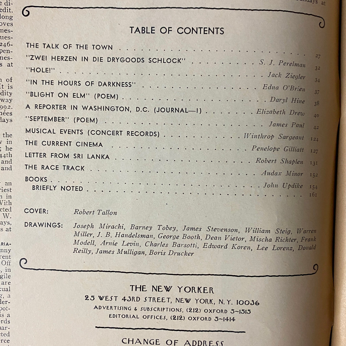 Inside page of The New Yorker magazine, September 13, 1976, displaying the Table of Contents, highlighting featured articles and contributors, showcasing the magazine's literary and cultural content.