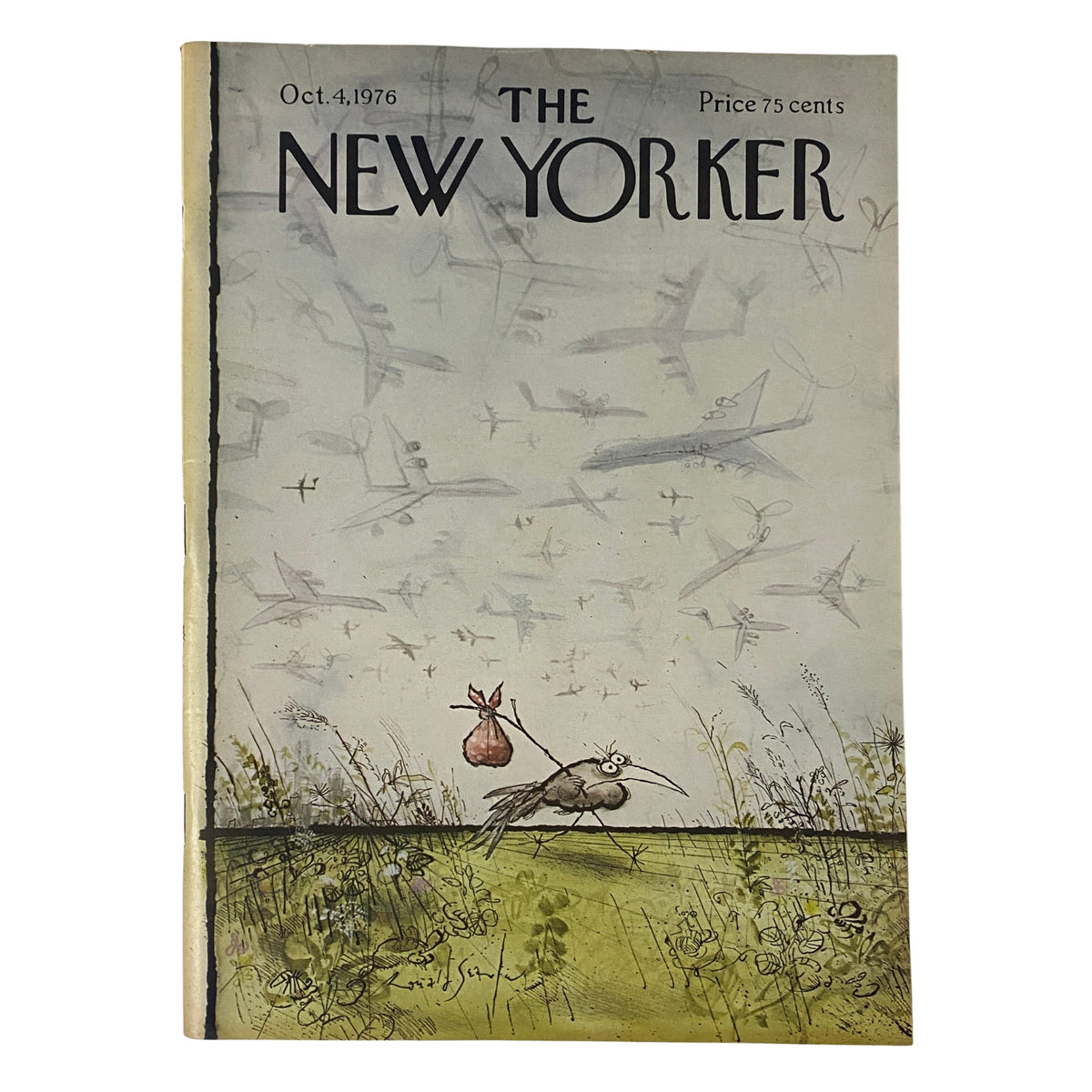 The New Yorker magazine cover from October 4, 1976, featuring a whimsical illustration by Ronald Searle, showcasing a bird carrying a bag amidst a backdrop of planes flying in the sky. Vintage magazine in very good condition.