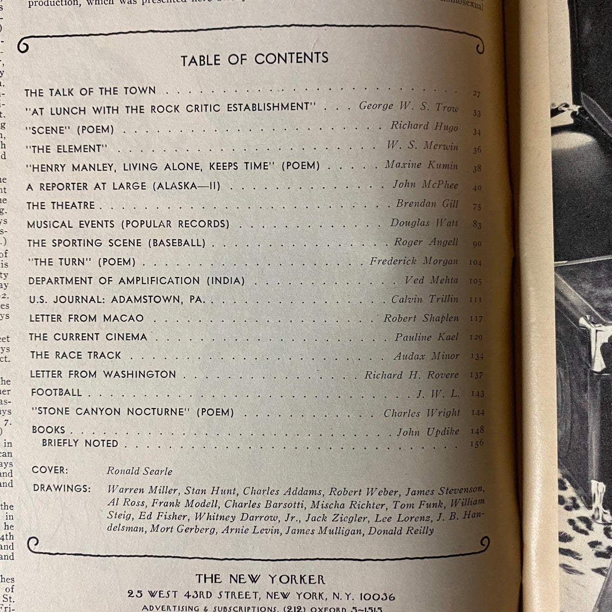 Table of contents from The New Yorker Full Magazine October 4, 1976, featuring articles and poetry by notable writers such as George W. S. Trow and Richard Hugo.