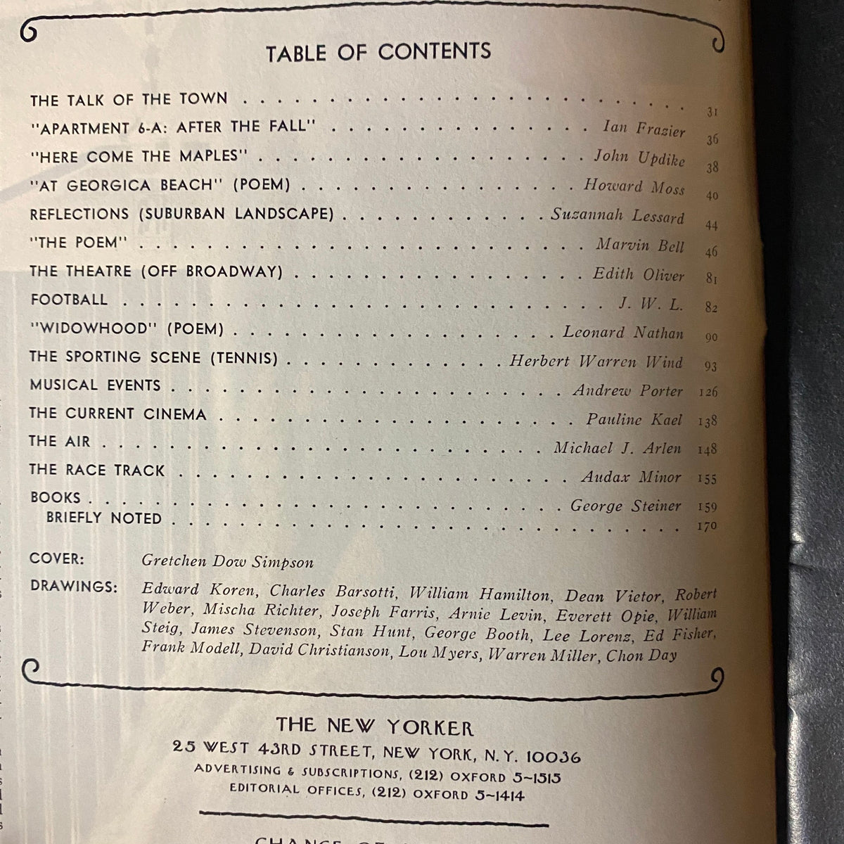 Table of contents from The New Yorker magazine, October 11, 1976, listing featured articles and contributors, including Ian Frazier, John Updike, and a variety of poems.