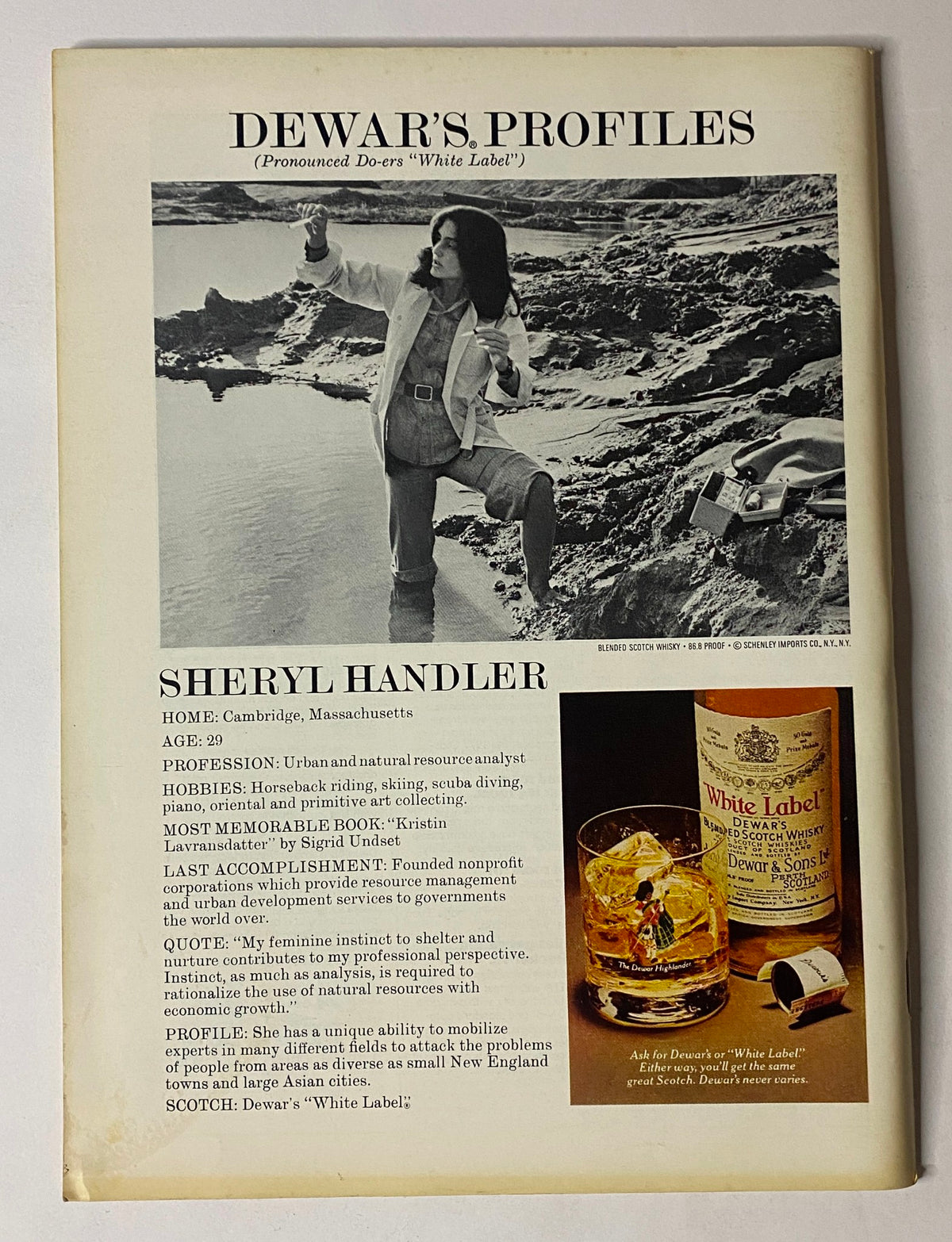 Back cover of The New Yorker magazine, October 11, 1976, featuring an advertisement for Dewar's Profiles and a profile of Sheryl Handler, highlighting her background and interests.