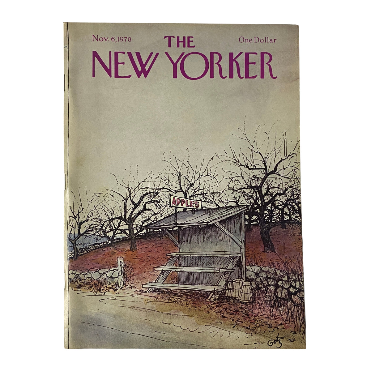 Cover of The New Yorker Full Magazine November 6, 1978, featuring an illustration by Arthur Getz depicting a rural scene with an abandoned apple stand, representing vintage magazine artistry.