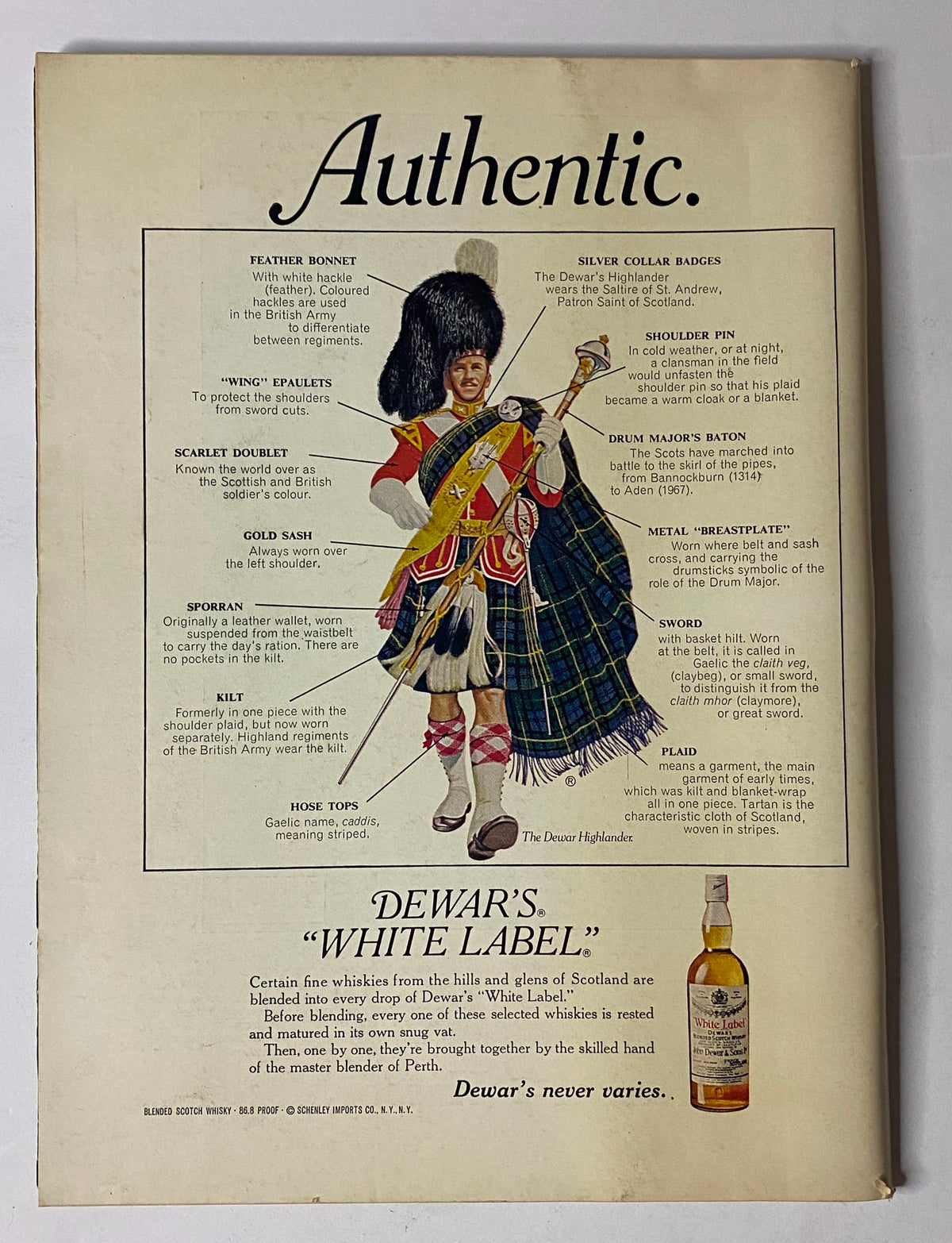 Vintage advertisement page from The New Yorker Full Magazine November 6, 1978, promoting Dewar's White Label whiskey, featuring an illustration of a Scottish kilted soldier.