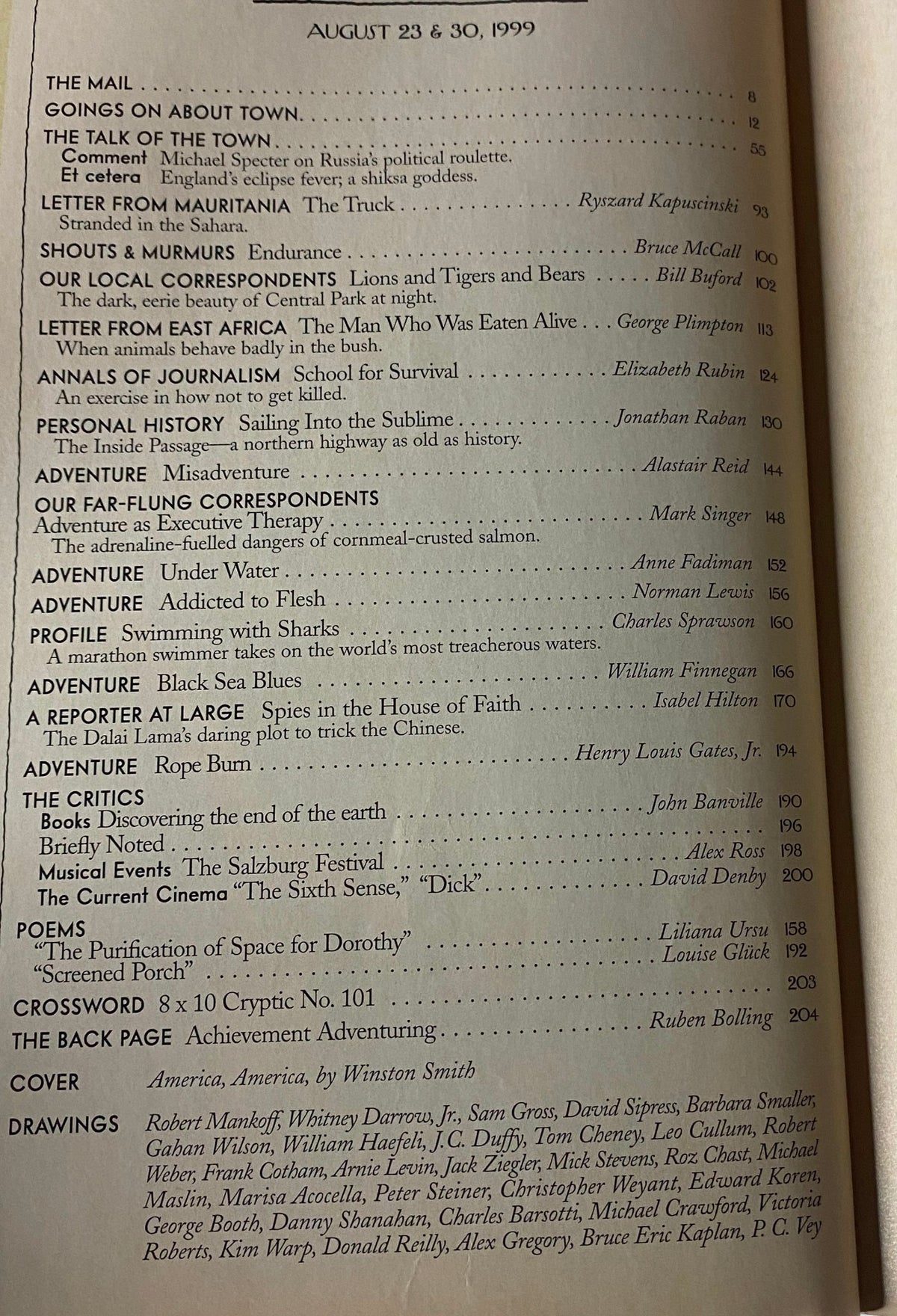 Table of Contents from The New Yorker Full Magazine August 23 & 30, 1999 featuring the article listings including 'The Mail', 'The Talk of the Town', and various stories illustrating the magazine's mix of wit and global insight.