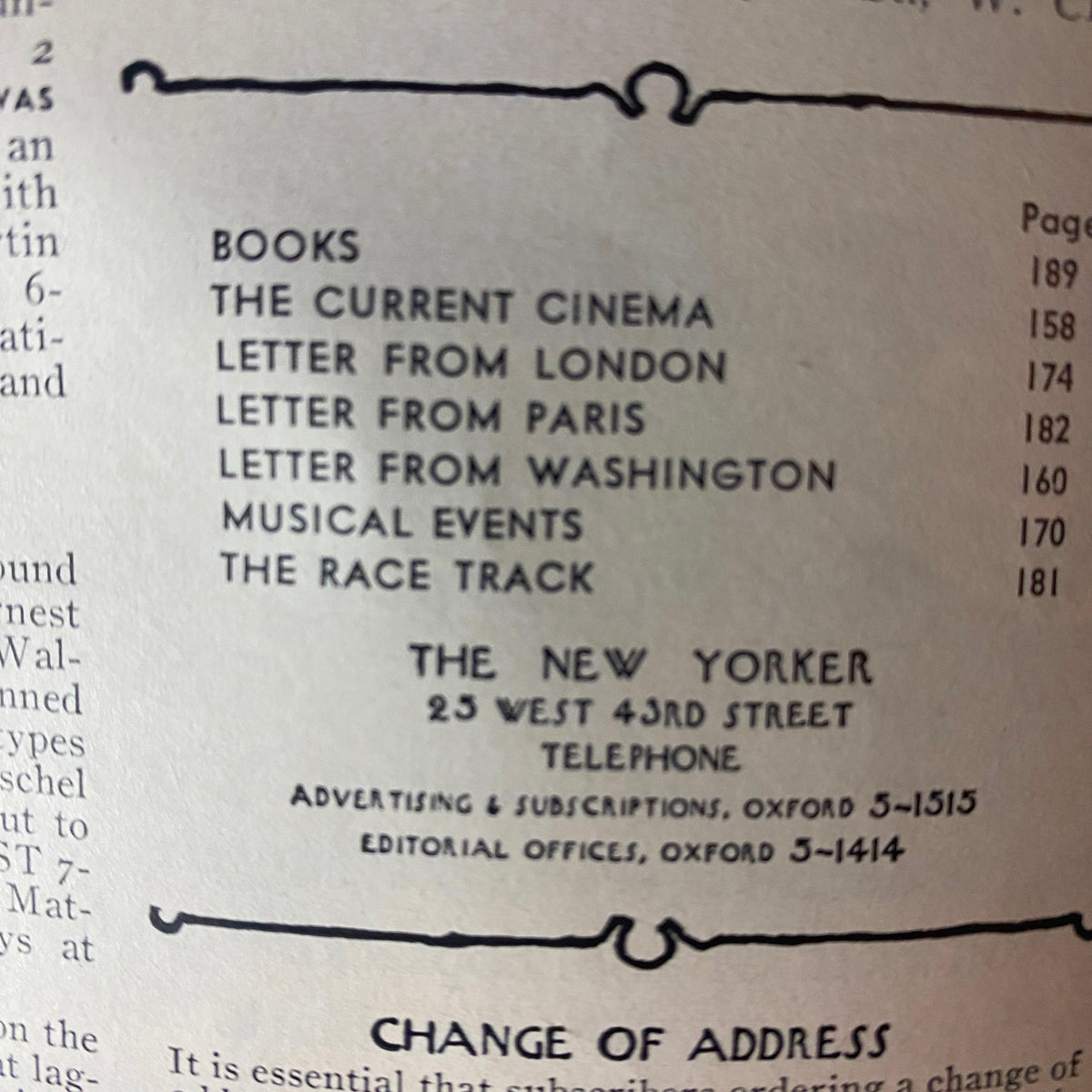 Table of Contents from The New Yorker Full Magazine April 17, 1965, listing articles including 'Books', 'Current Cinema', and more.