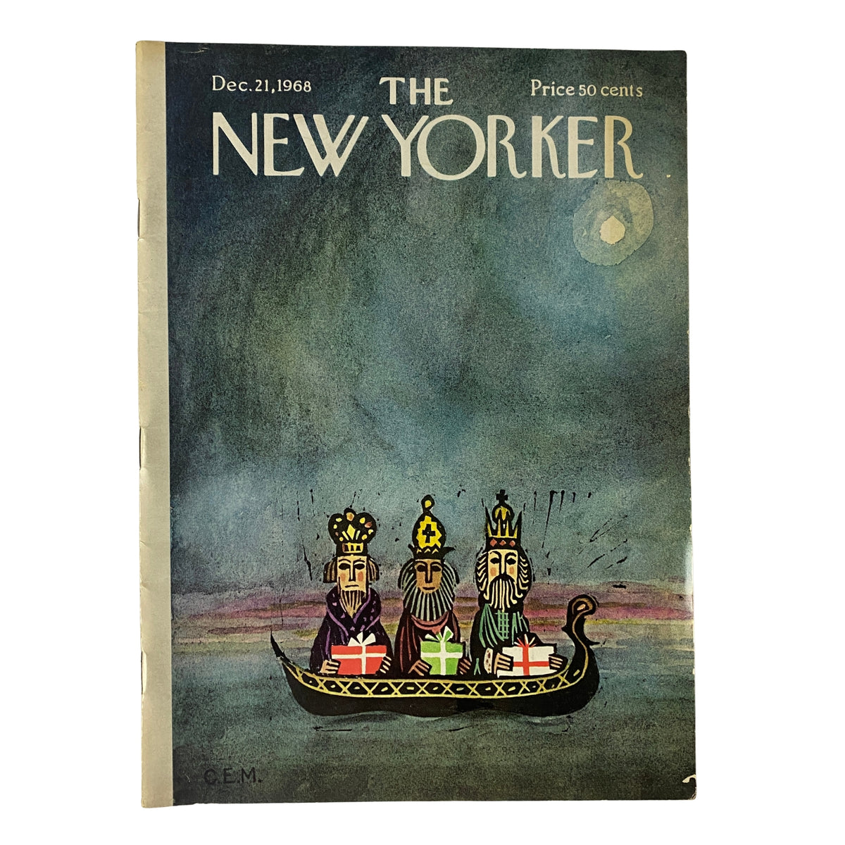 Cover of The New Yorker Full Magazine December 21, 1968 featuring artwork by Charles E. Martin depicting three regal figures in a boat, showcasing the festive theme of the holiday season.