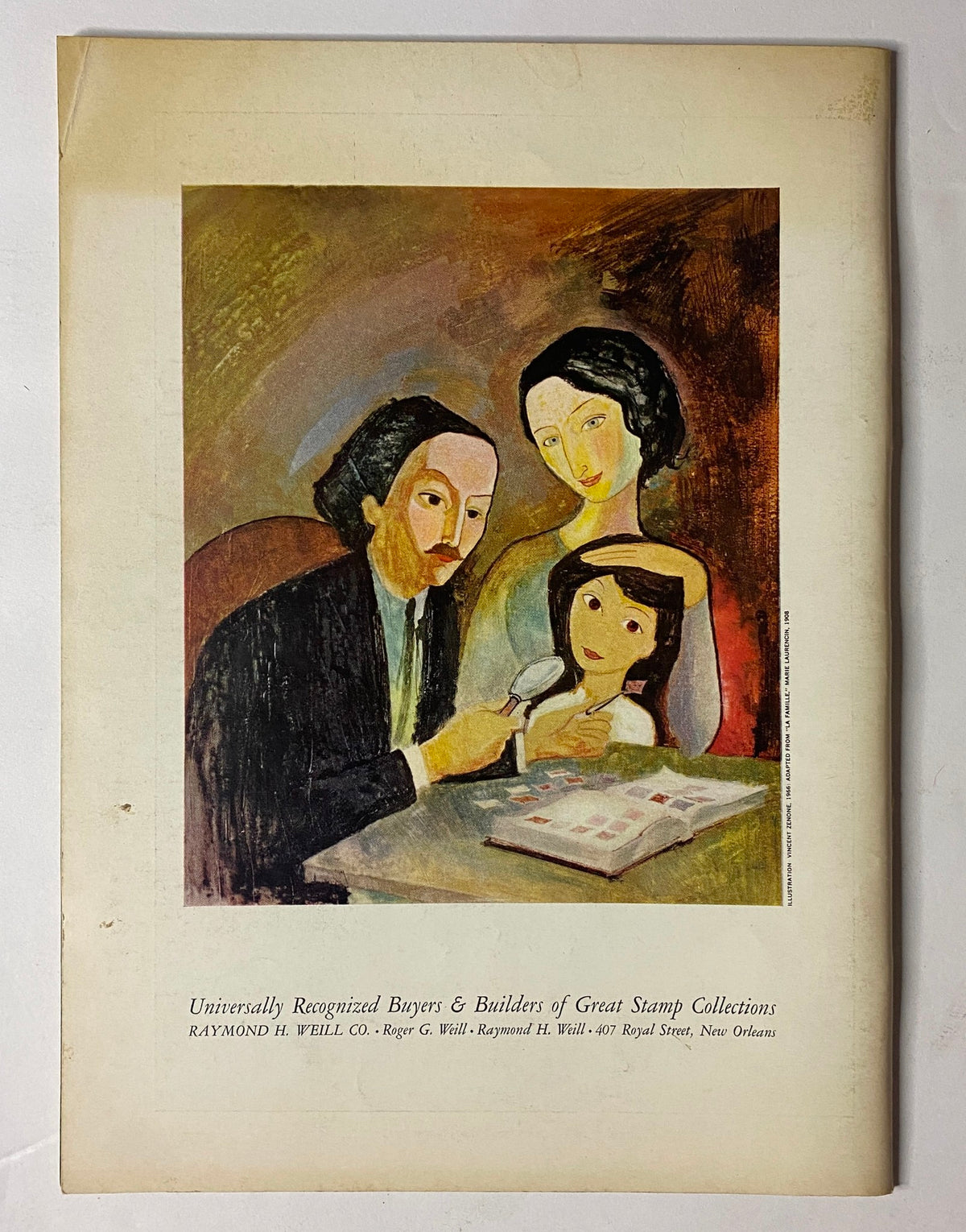 Advertisement page from The New Yorker Full Magazine December 21, 1968 featuring a colorful painting of a family, promoting Raymond H. Will's stamp collections, adding to the vintage allure of the magazine.