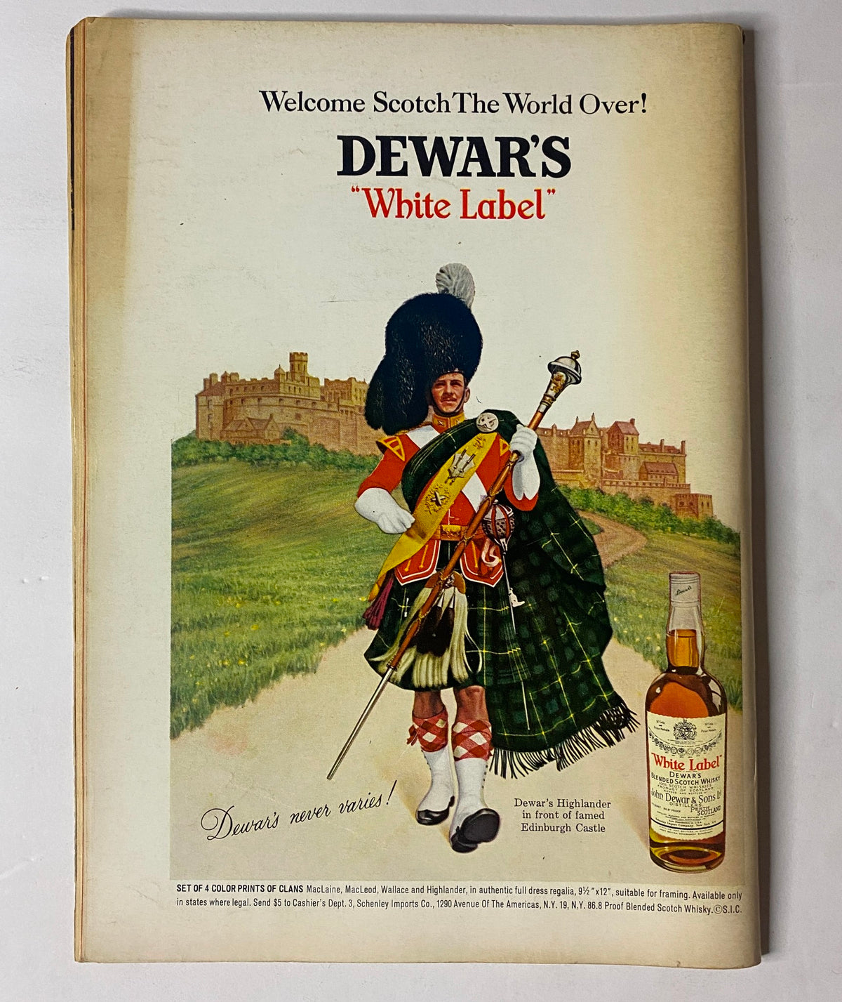 Advertisement for Dewar's White Label Scotch featured in The New Yorker Full Magazine March 15, 1969 Anatol Kovarsky Cover, illustrating a kilted Scotsman with a bottle of Scotch and a castle backdrop.