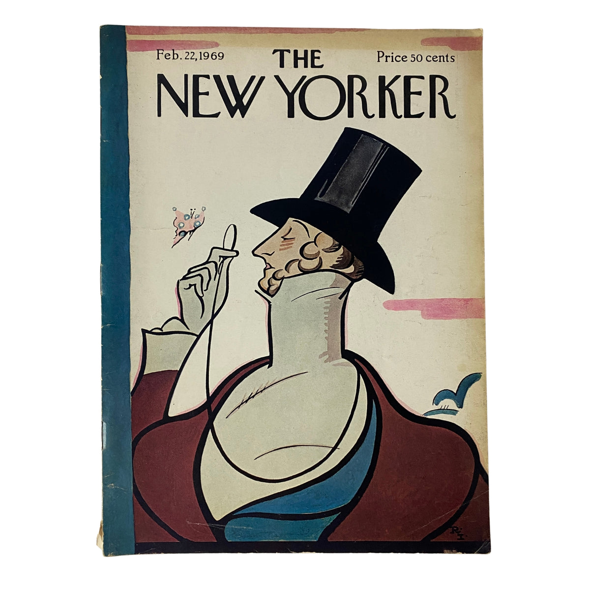 The New Yorker Full Magazine February 22, 1969 featuring Rea Irvin's iconic cover illustration of a dandy man in a top hat. A classic representation of the magazine's artistic style.
