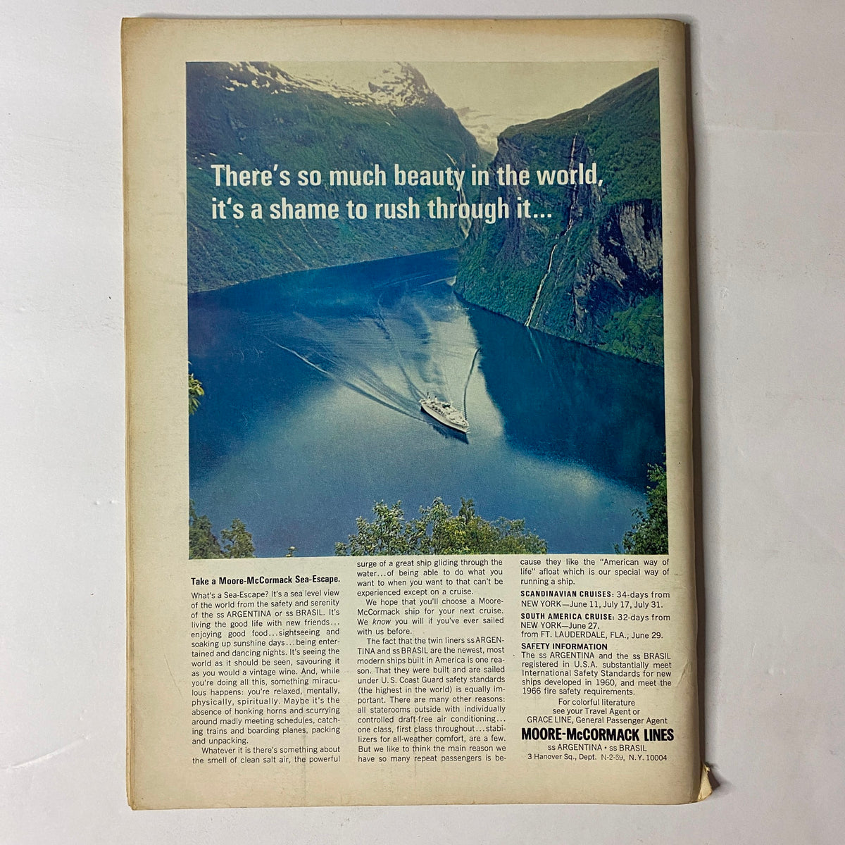 Back cover of The New Yorker Full Magazine February 22, 1969, displaying a scenic view of a fjord with the quote, 'There's so much beauty in the world, it’s a shame to rush through it...'.