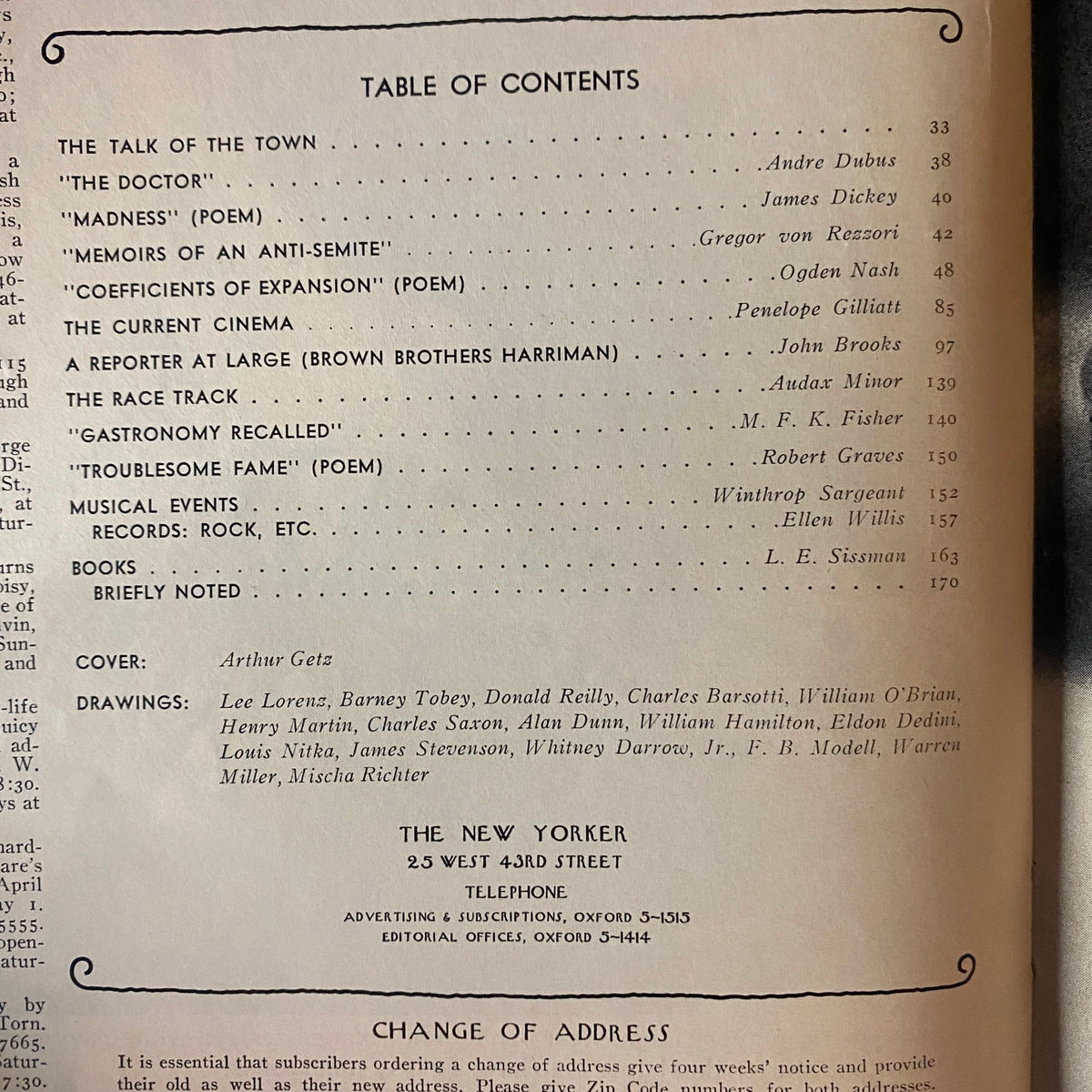 Table of Contents from The New Yorker Full Magazine April 26, 1969, showing articles, poems, and contributions by renowned writers and artists, emphasizing the magazine's literary diversity and cultural commentary.