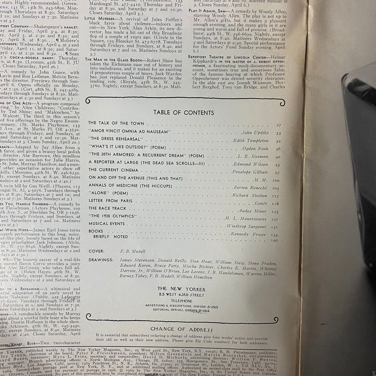 Table of contents from The New Yorker Full Magazine April 5, 1969 featuring notable articles and poetry contributions.
