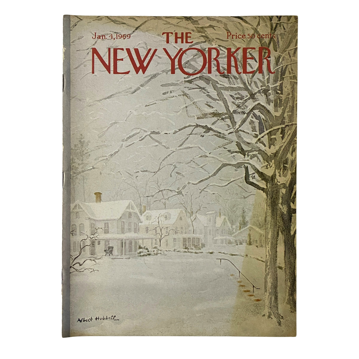The New Yorker Full Magazine January 4, 1969 featuring an elegant winter cover illustration by Albert Hubbell, depicting a serene snow-covered landscape with historic houses.