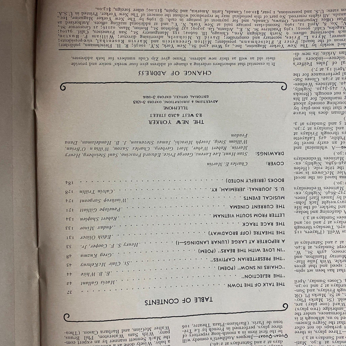 Interior page from The New Yorker Full Magazine April 12, 1969 displaying the table of contents, highlighting the magazine's rich literary and cultural offerings.