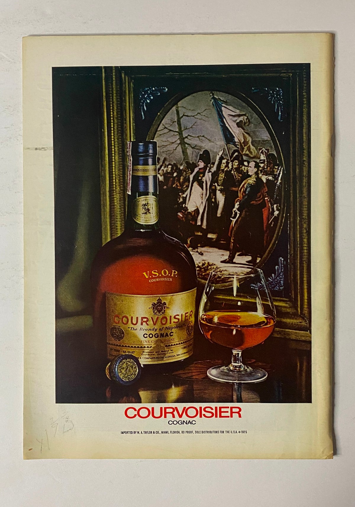 Vintage advertisement featuring Courvoisier Cognac, showcasing a bottle of VSOP Cognac with a glass in front of a painting depicting a historical scene. Accompanied by The New Yorker Full Magazine September 6, 1976 James Stevenson Cover.