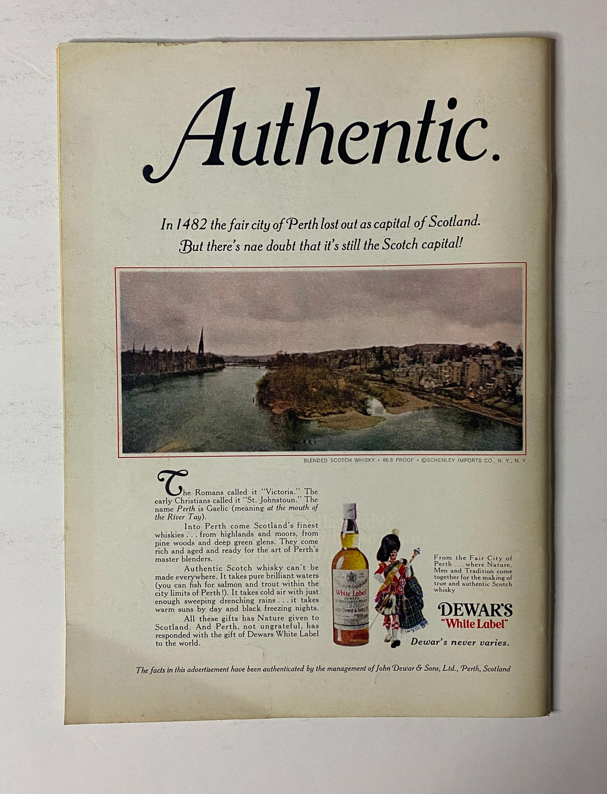 Advertisement from The New Yorker Full Magazine February 4, 1974 George Booth Cover, promoting Dewar's White Label whiskey with a picturesque image of Perth, Scotland.