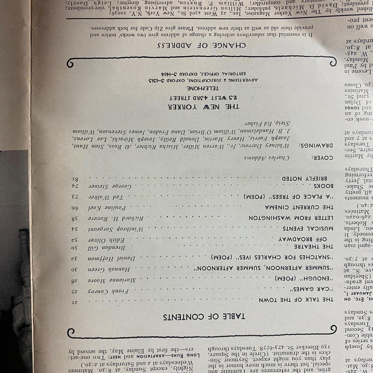 Interior page of The New Yorker magazine, January 17, 1970, displaying the table of contents, highlighting articles and features in this vintage issue.
