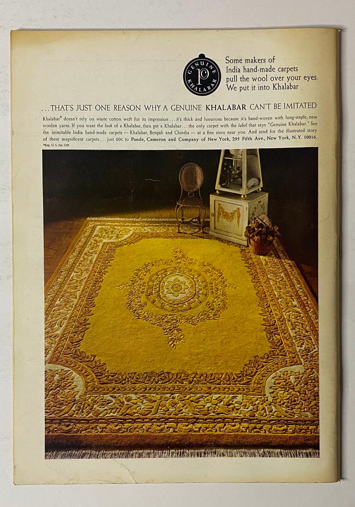 Back cover advertisement of The New Yorker magazine, January 17, 1970, promoting a brand of handmade Indian carpets with a decorative design. Part of a classic collectible magazine.