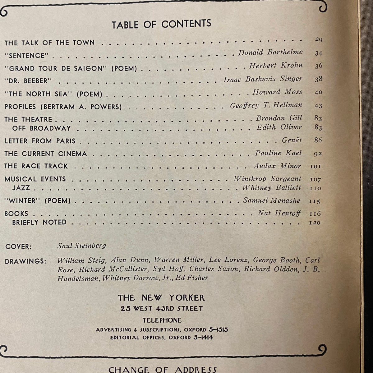 Table of Contents of The New Yorker Full Magazine March 7, 1970, showcasing contributions from notable writers and artists including Donald Barthelme and Isaac Bashevis Singer.