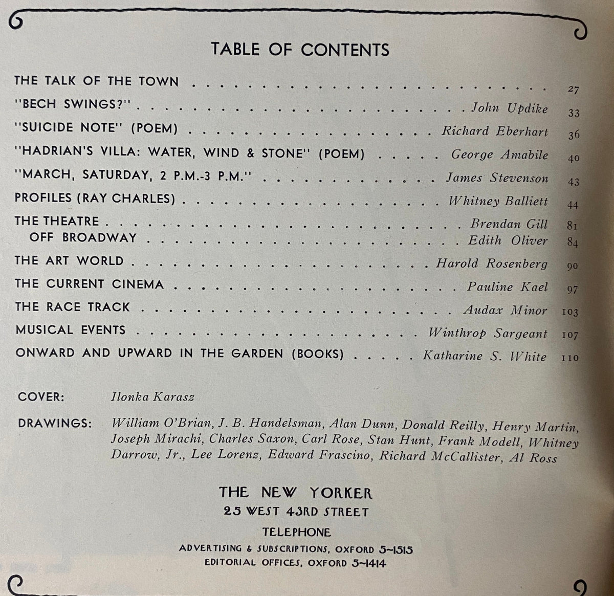 Table of Contents from The New Yorker Full Magazine March 28, 1970, detailing articles and contributions including works by John Updike and Richard Eberhart.