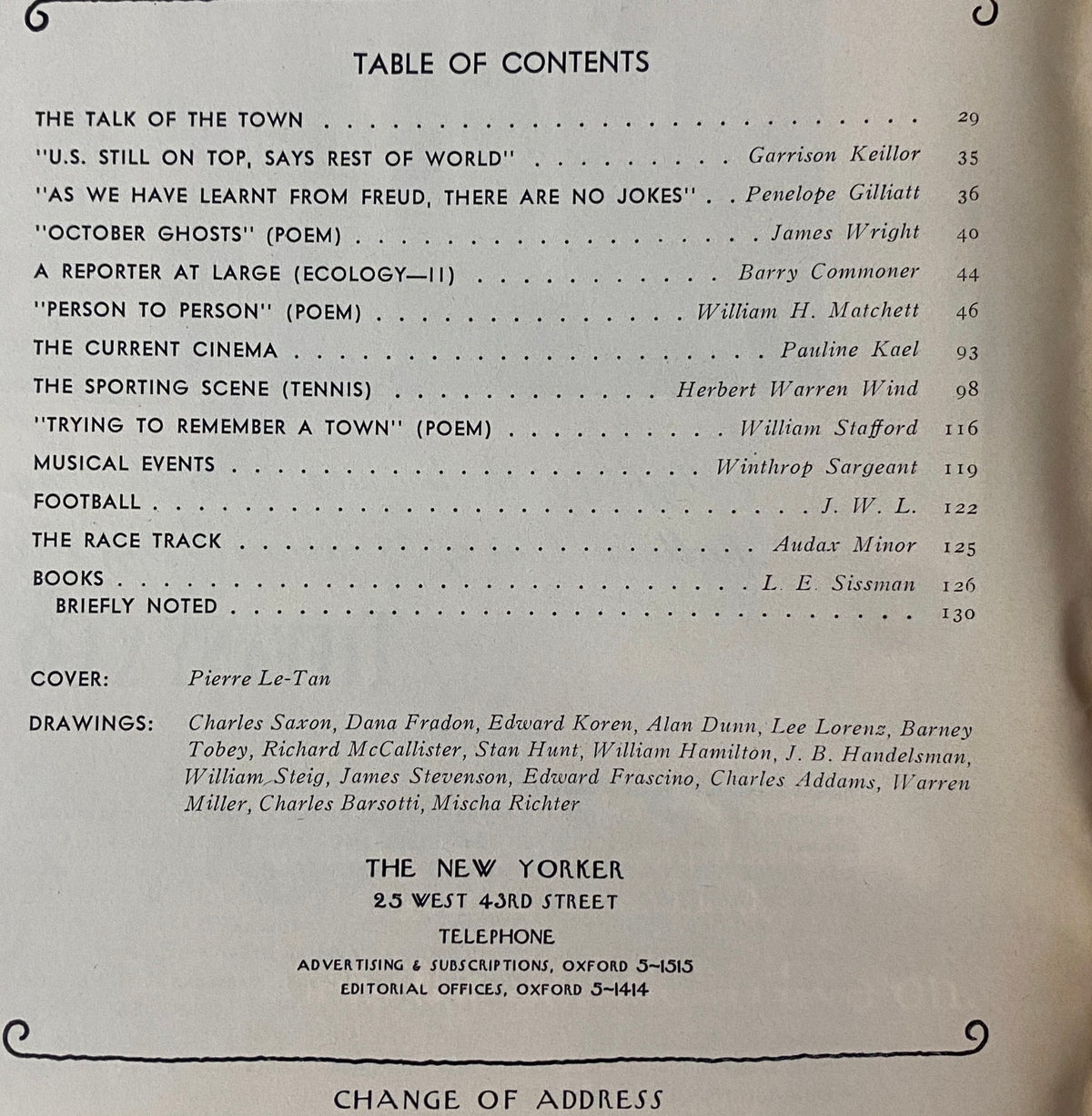 Table of contents page from The New Yorker magazine, October 2, 1971, highlighting featured articles including 'U.S. Still on Top, Says Rest of World' and 'October Ghosts'.