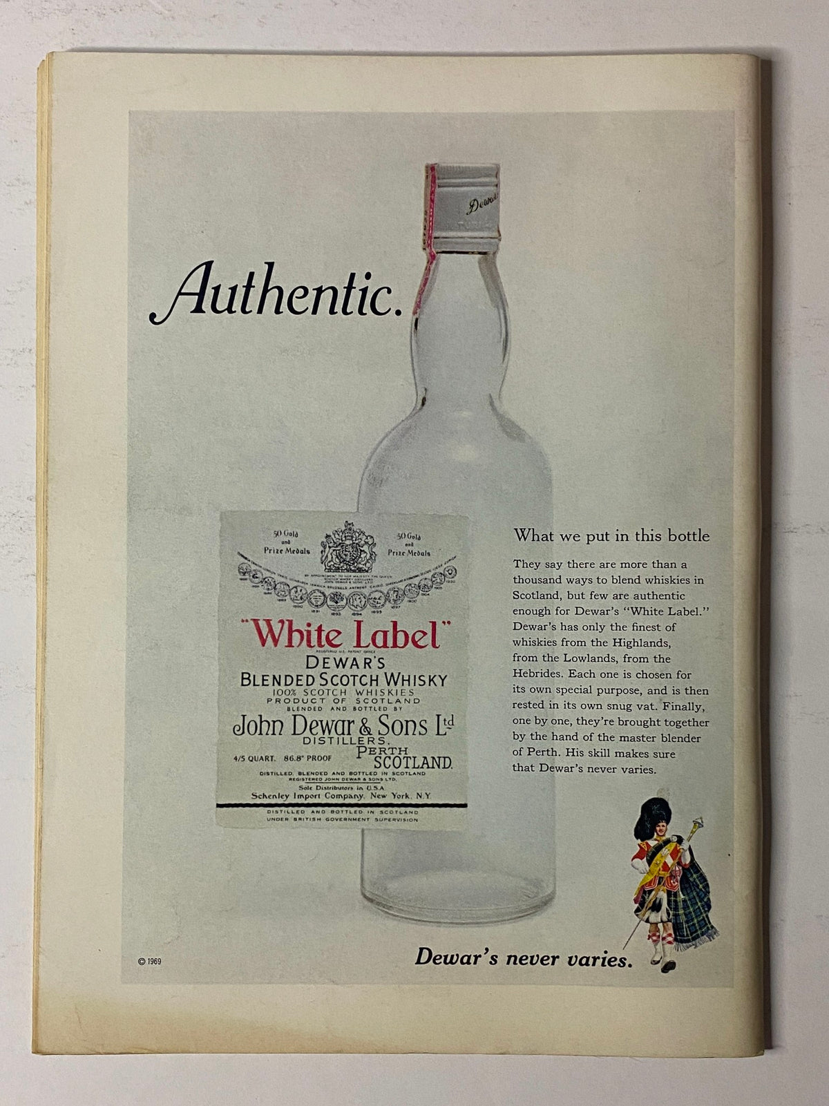 Advertisement page in The New Yorker Full Magazine April 25, 1970 for Dewar's White Label Blended Scotch Whisky, showcasing vintage advertising design.