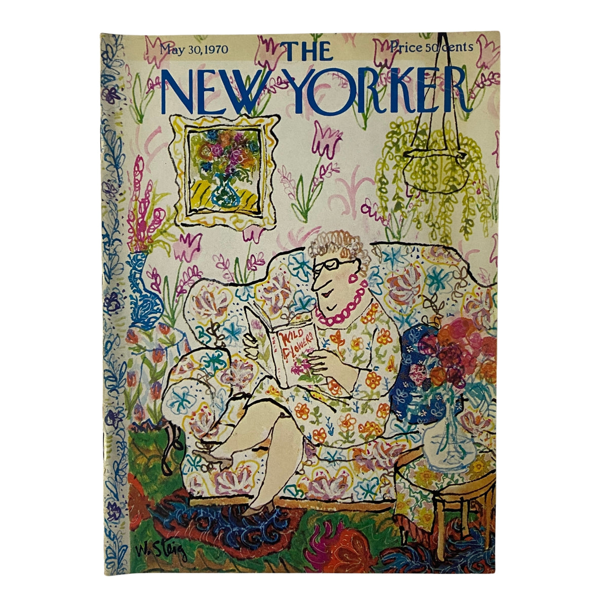 Cover of The New Yorker Full Magazine May 30, 1970 featuring a colorful illustration by William Steig, depicting a woman reading in a floral-patterned living room.