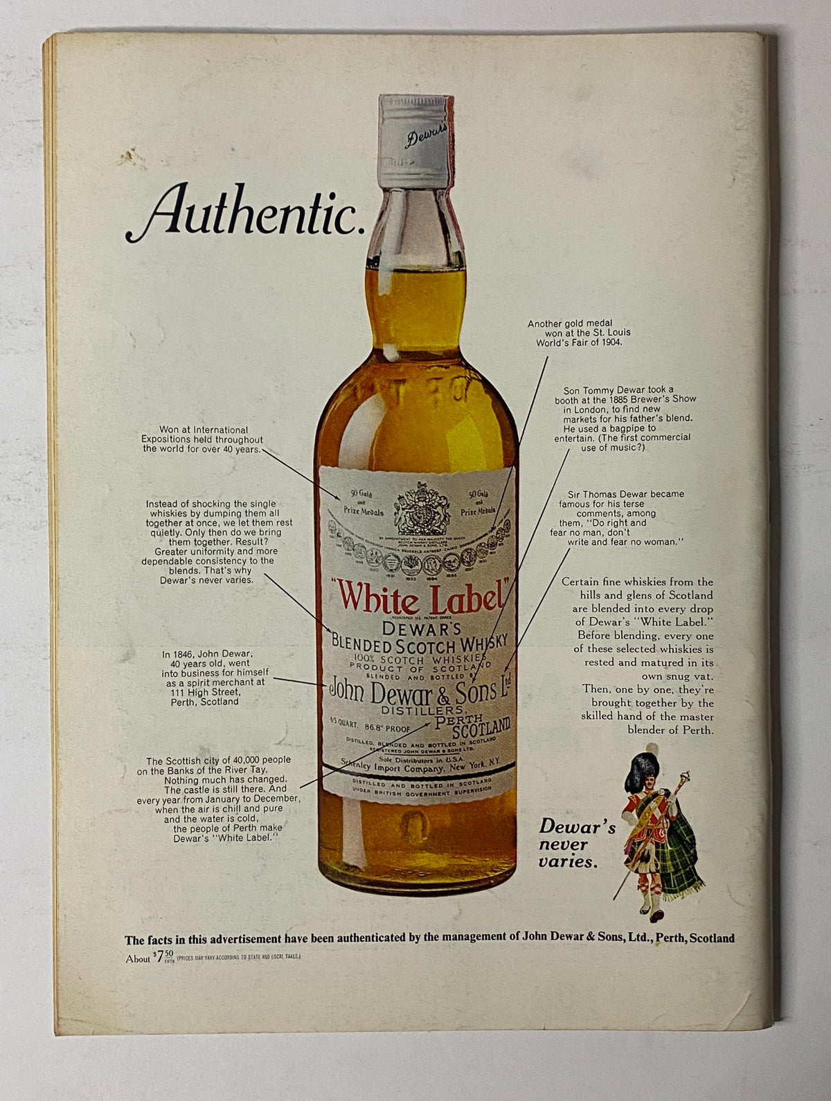 Authentic advertisement showcasing Dewar's White Label Blended Scotch Whisky. The design features a bottle of Dewar's, emphasizing its heritage and quality as part of The New Yorker Full Magazine May 30, 1970 William Steig Cover.