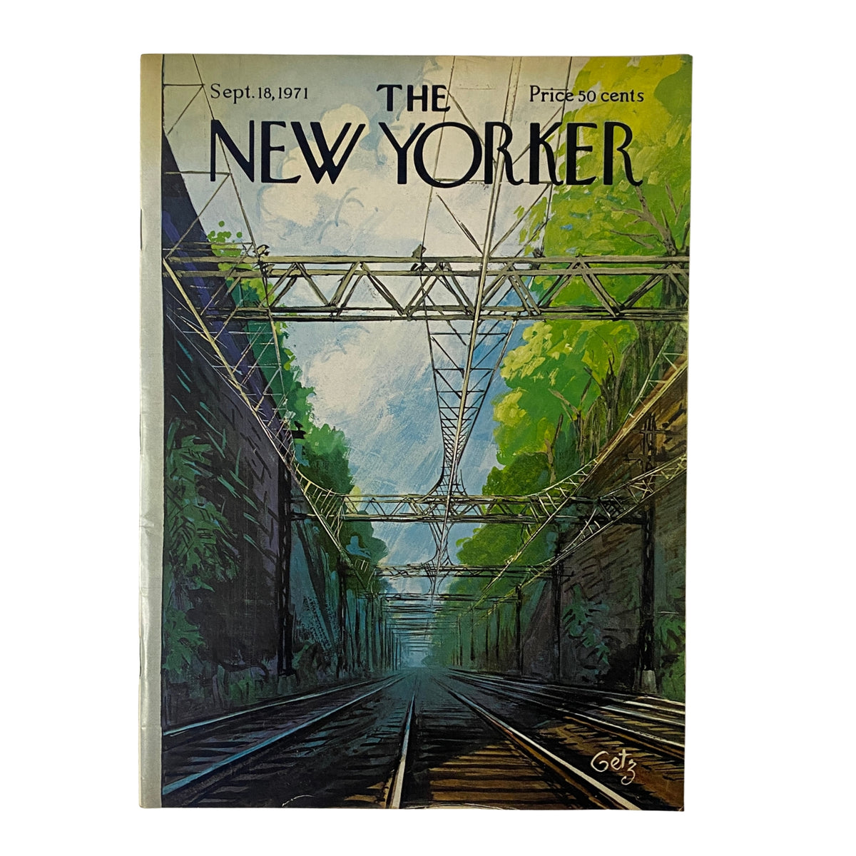 The New Yorker Full Magazine September 18, 1971 with Arthur Getz Cover featuring vintage illustration of an urban landscape with railway tracks beneath lush greenery.