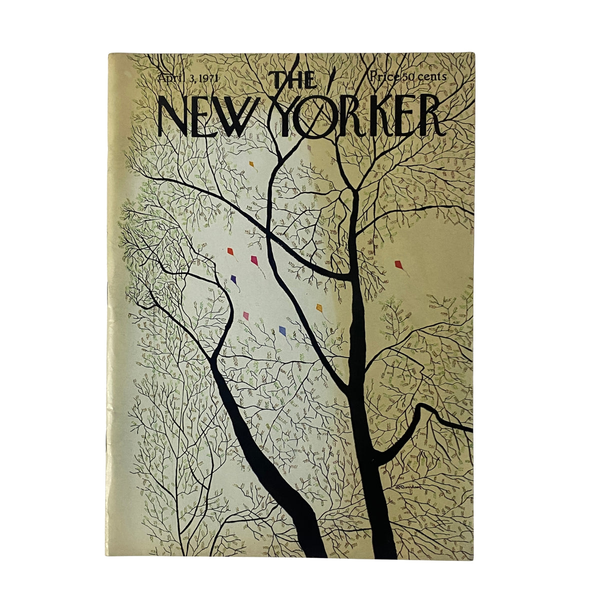 Cover of The New Yorker magazine dated April 3, 1971, featuring an illustration by Raymond Davidson, depicting bare trees with colored leaves.