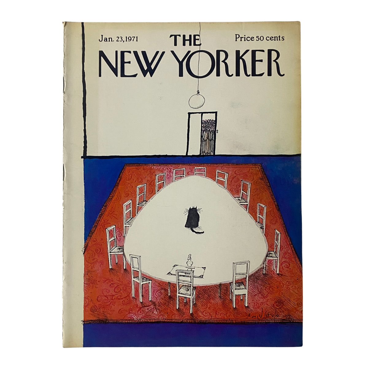 Cover of The New Yorker magazine dated January 23, 1971, featuring a whimsical illustration by Ronald Searle, depicting a cat at a large round table in an artistic setting.