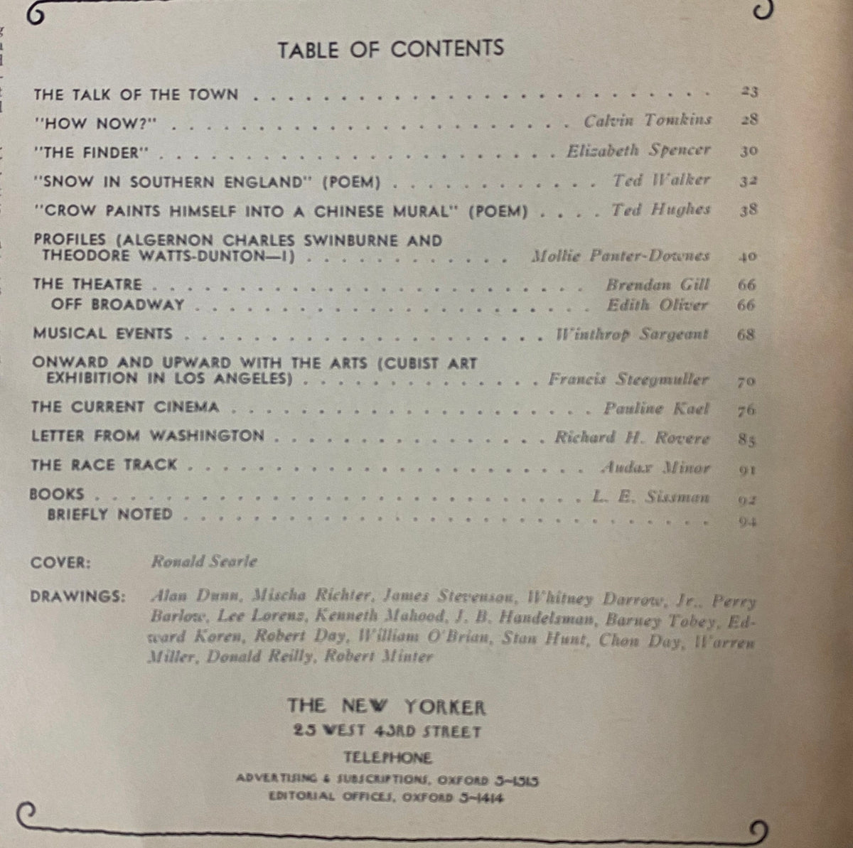 Table of contents page from The New Yorker magazine, January 23, 1971, listing articles and contributors including Calvin Tomkins, Ted Hughes, and Pauline Kael.