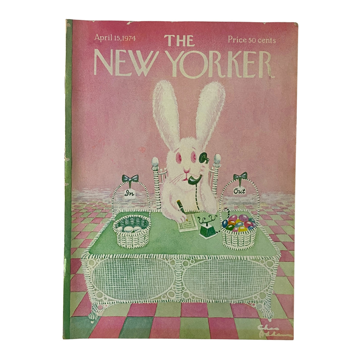 The New Yorker Full Magazine April 15, 1974 Charles Addams Cover featuring a whimsical illustration of a bunny at a table with eggs.